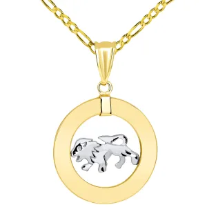 14k Two Tone Gold Open Circle Leo Zodiac Sign Pendant Figaro Necklace