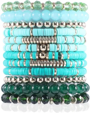 14Pcs 12Pcs Heishi Clay Bead Bracelets For Women, Boho Colorful Surfer Stackable Crystal Beads Bracelets Set Summer Beach Jewelry
