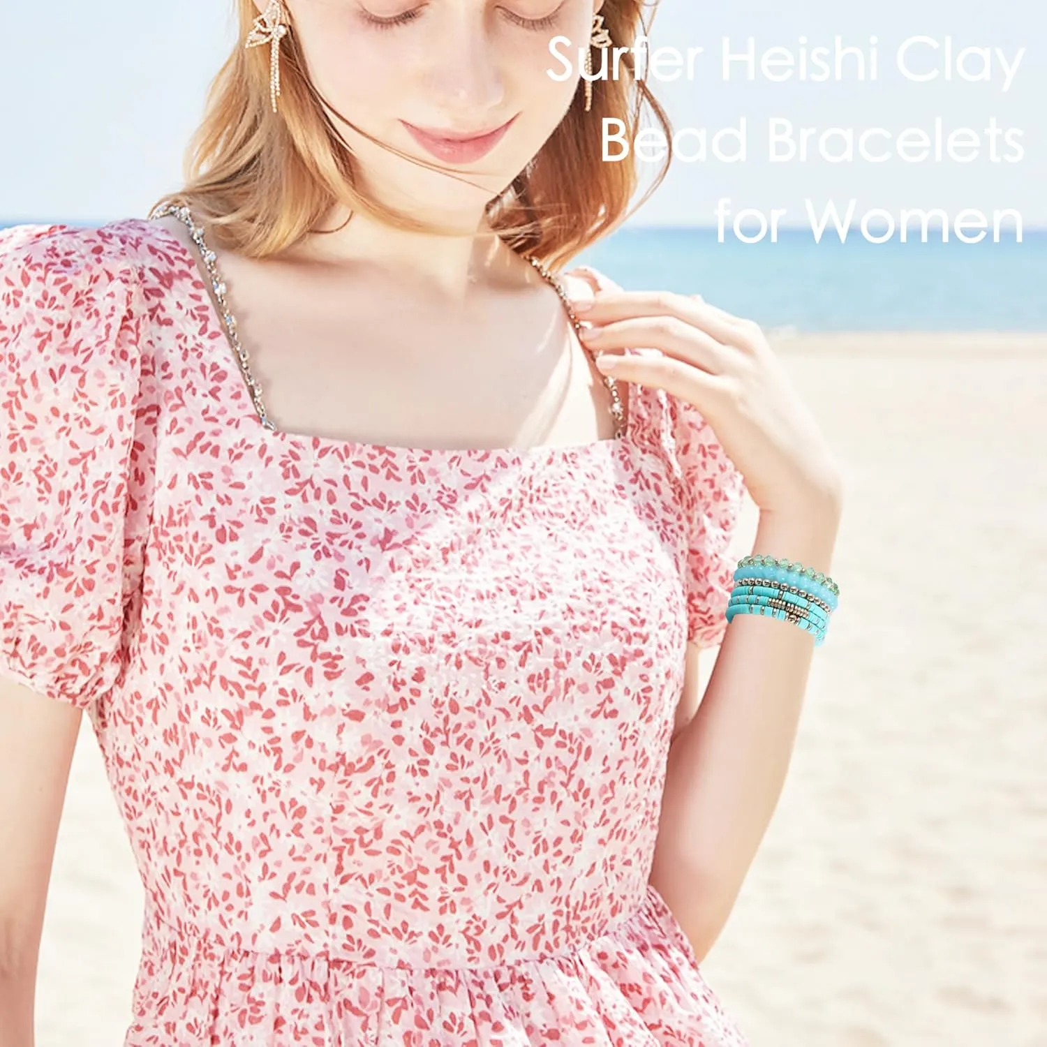 14Pcs 12Pcs Heishi Clay Bead Bracelets For Women, Boho Colorful Surfer Stackable Crystal Beads Bracelets Set Summer Beach Jewelry