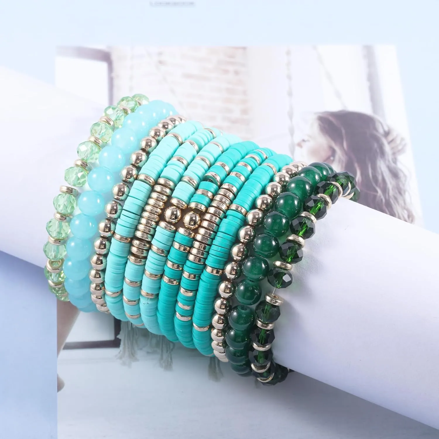 14Pcs 12Pcs Heishi Clay Bead Bracelets For Women, Boho Colorful Surfer Stackable Crystal Beads Bracelets Set Summer Beach Jewelry