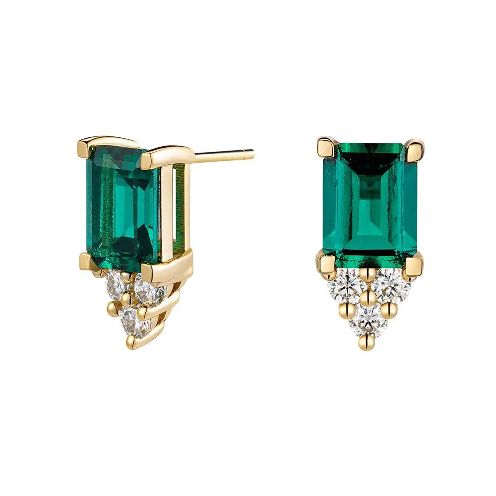 4 Ctw Emerald-Cut Emerald Stud Earrings With Trio Moissanite Diamonds