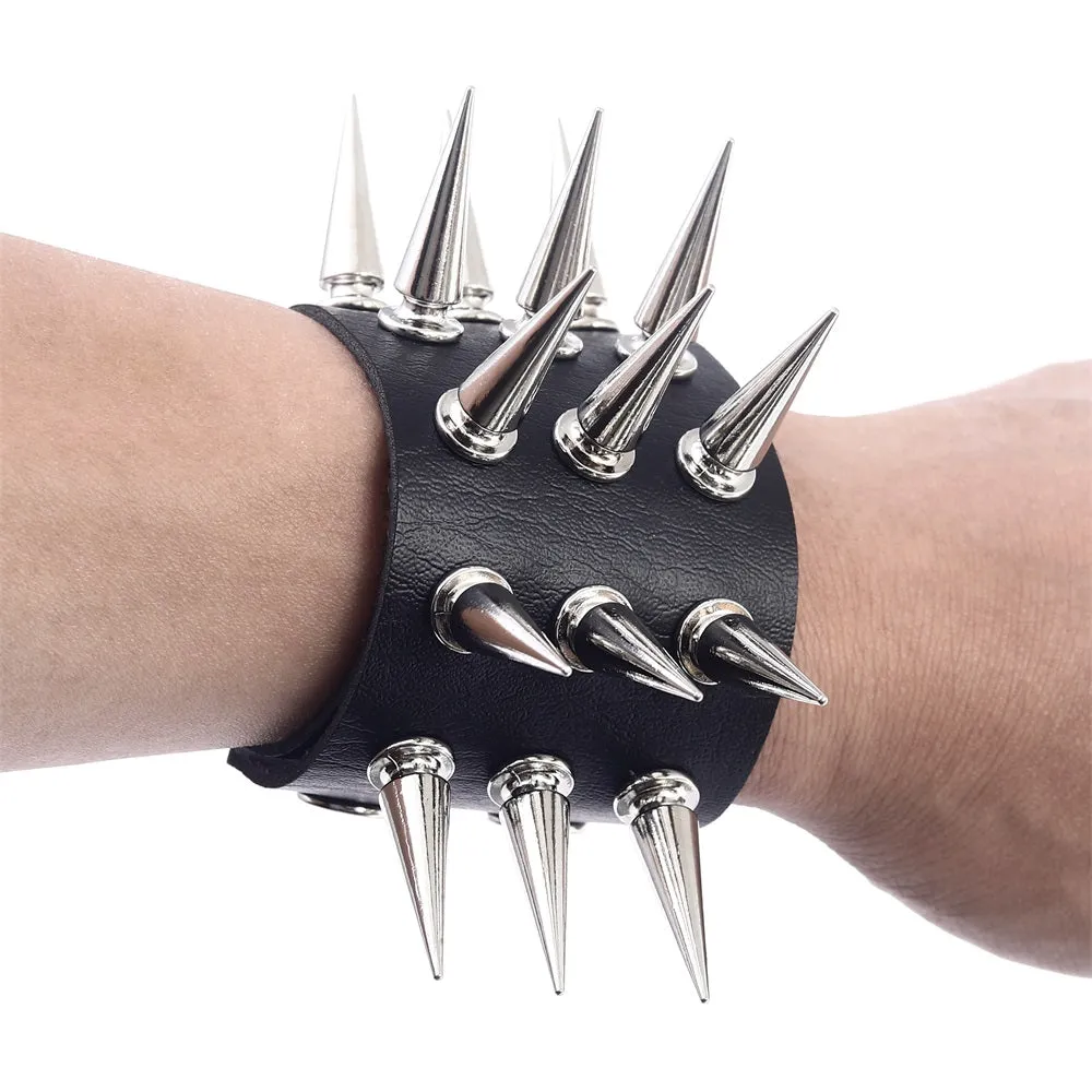 Black Leather Bracelet w/ Three Rows of Long Silver Spikes