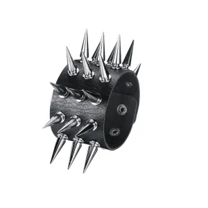 Black Leather Bracelet w/ Three Rows of Long Silver Spikes