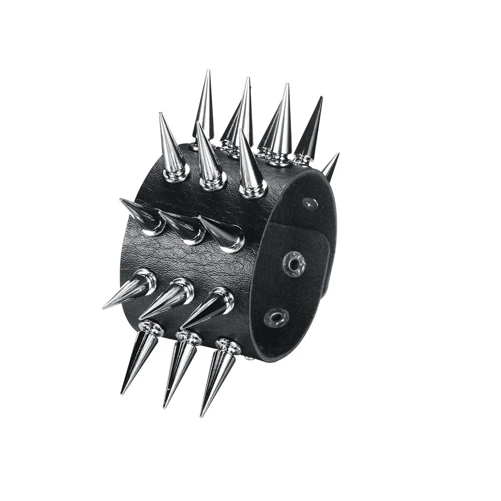 Black Leather Bracelet w/ Three Rows of Long Silver Spikes