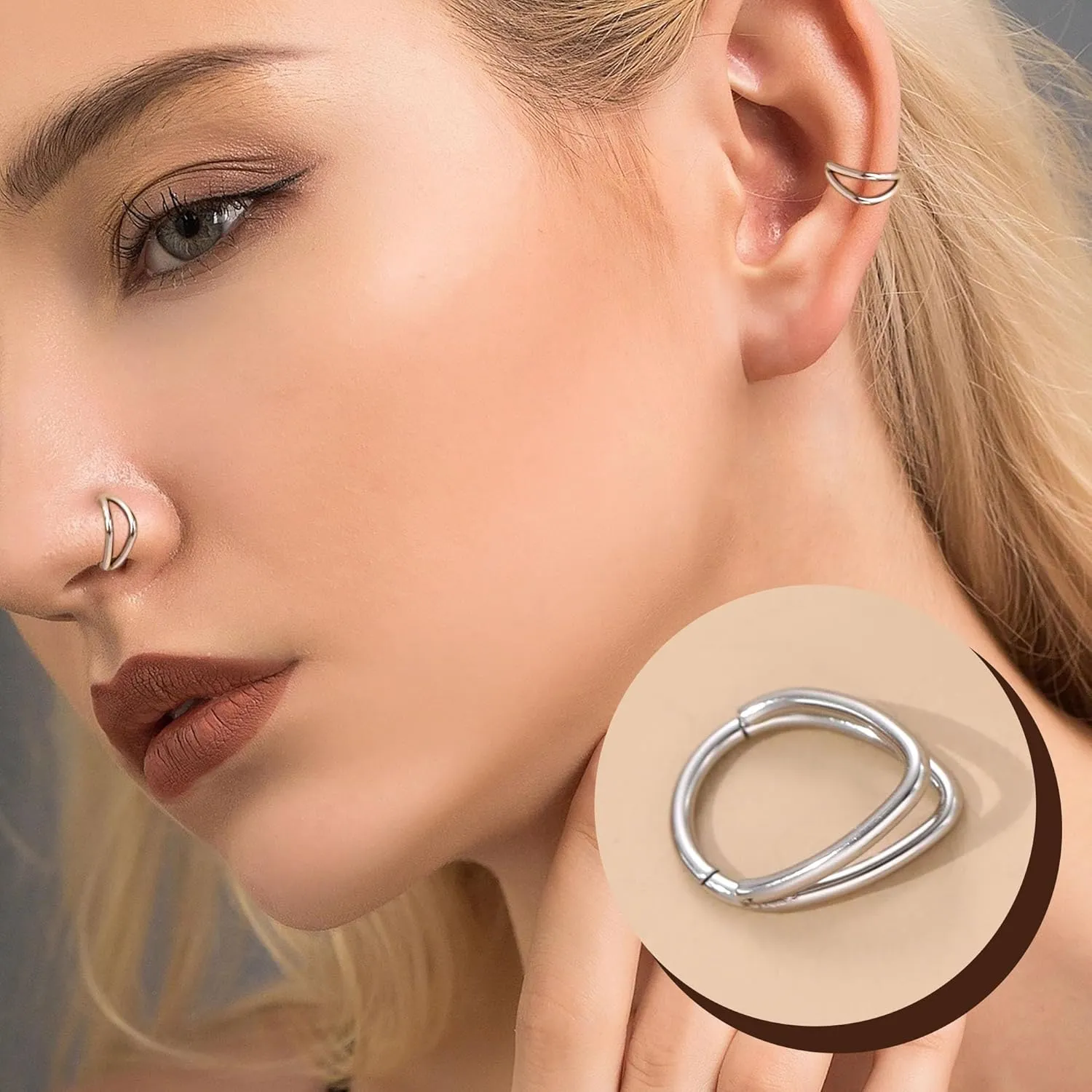 Btysun Nose Rings for Women, Septum Hinged Hoop 16G Nostril Helix Cartilage Earrings, Tragus Rock Conch Lip Daith Piercing Jewelry 8MM 10MM