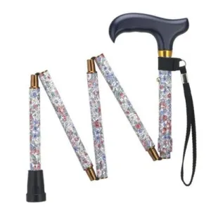 Folding Adjustable Travel Walking Cane in Black or Floral Prints