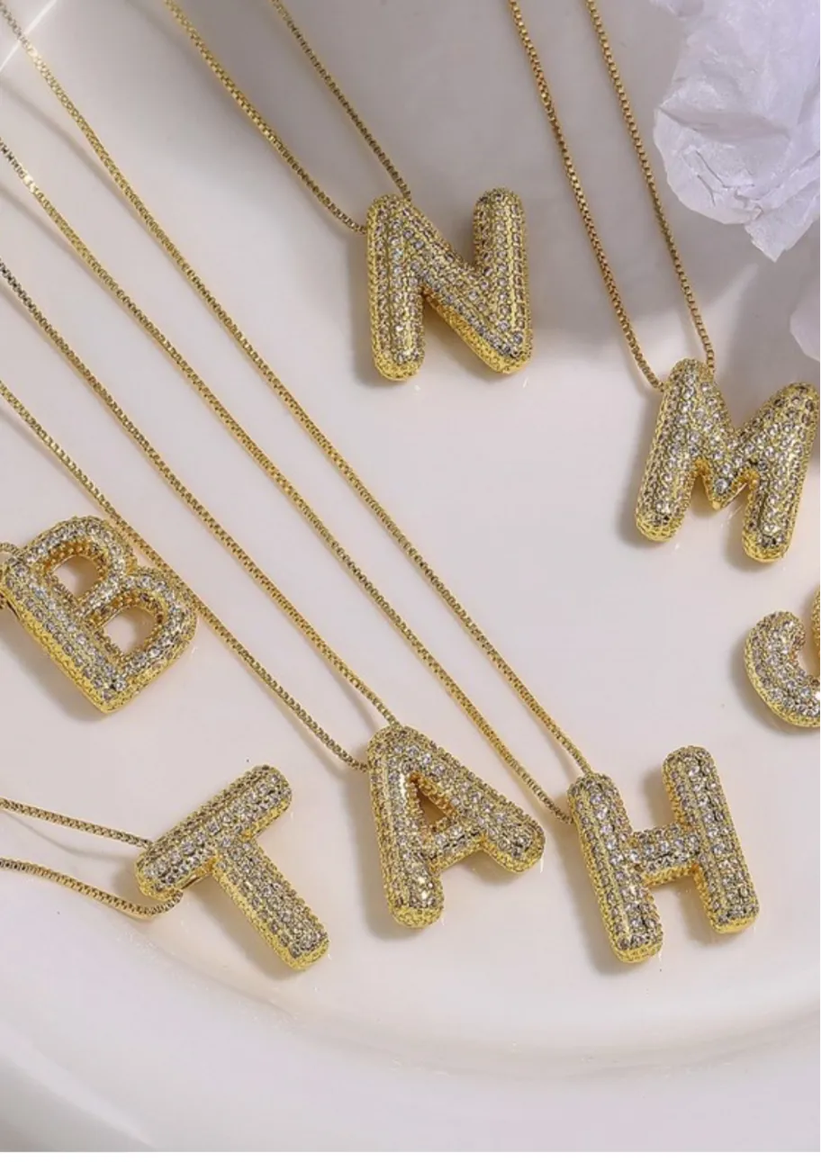INITIAL PAVE RHINESTONE BUBBLE BALLOON NECKLACE