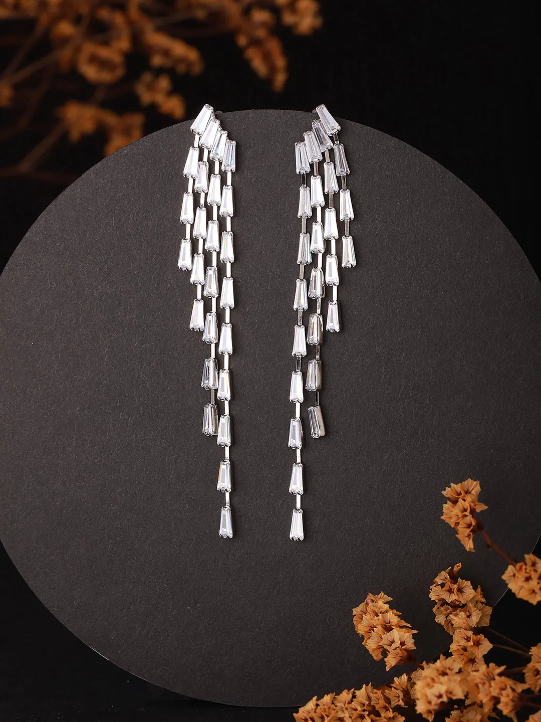 JAZZ AND SIZZLE Rose gold Plated &amp; CZ Stone-Studded Contemporary Drop Earrings