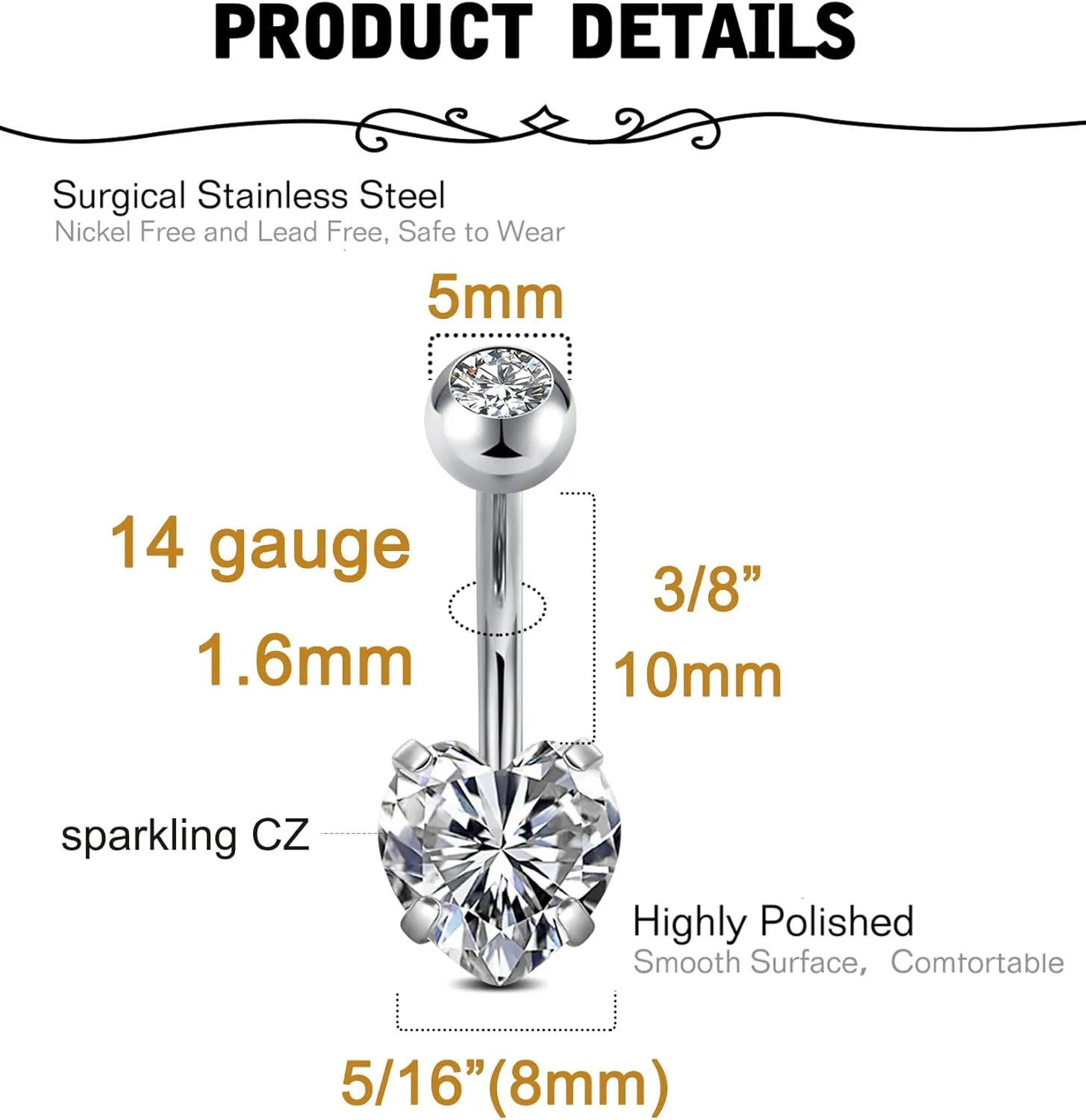 MODRSA Belly Button Ring Surgical Steel Belly Rings for Women Hypoallergenic Belly Button Rings Clicker Belly Button Ring Belly Piercing Silver Rose Gold Pink Black Navel Rings for Women
