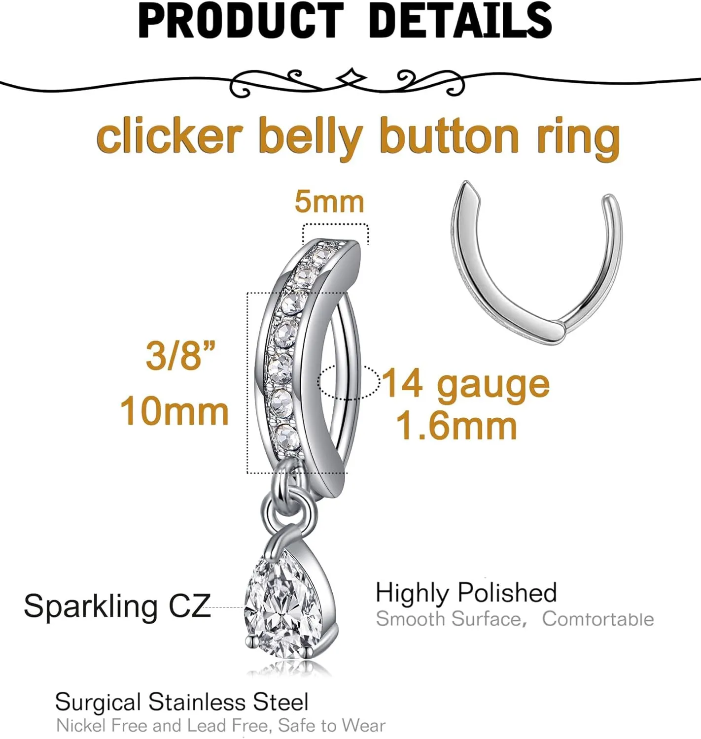 MODRSA Belly Button Ring Surgical Steel Belly Rings for Women Hypoallergenic Belly Button Rings Clicker Belly Button Ring Belly Piercing Silver Rose Gold Pink Black Navel Rings for Women