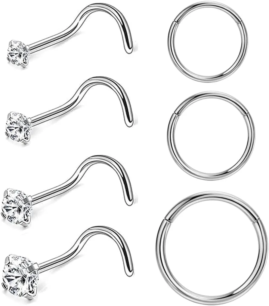 Nose Rings Studs G23 Titanium 20G Nose Studs for Women Men 18G Nose Rings Hoop Hypoallergenic Nose Piercings Jewelry 1.5/2/2.5/3 mm CZ L Shape Nose Screw Studs Hoop Rings for Helix Cartilage