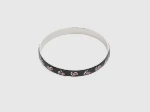 Silver Finish Black Bangle with Red Flower Motif and Secure Clasp