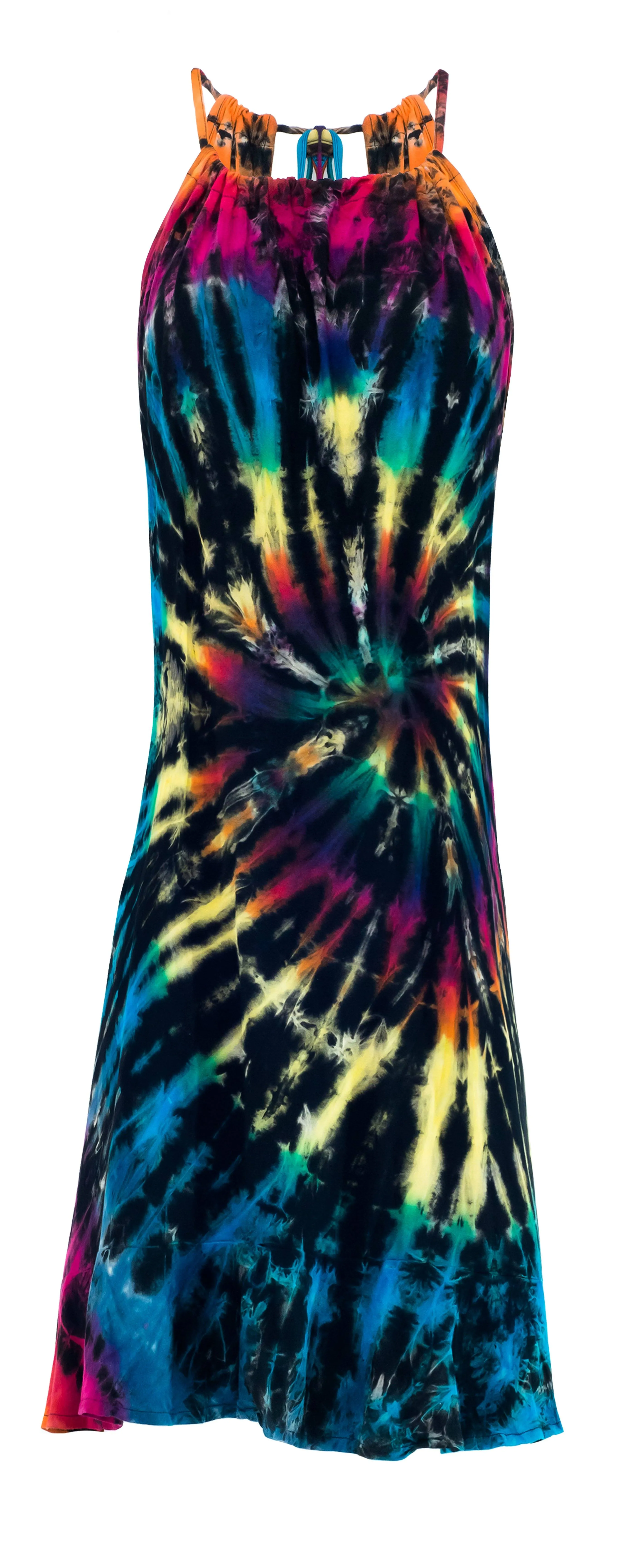 Tie Dye Halter Neck Mini Dress Pom Pom Bow tie details