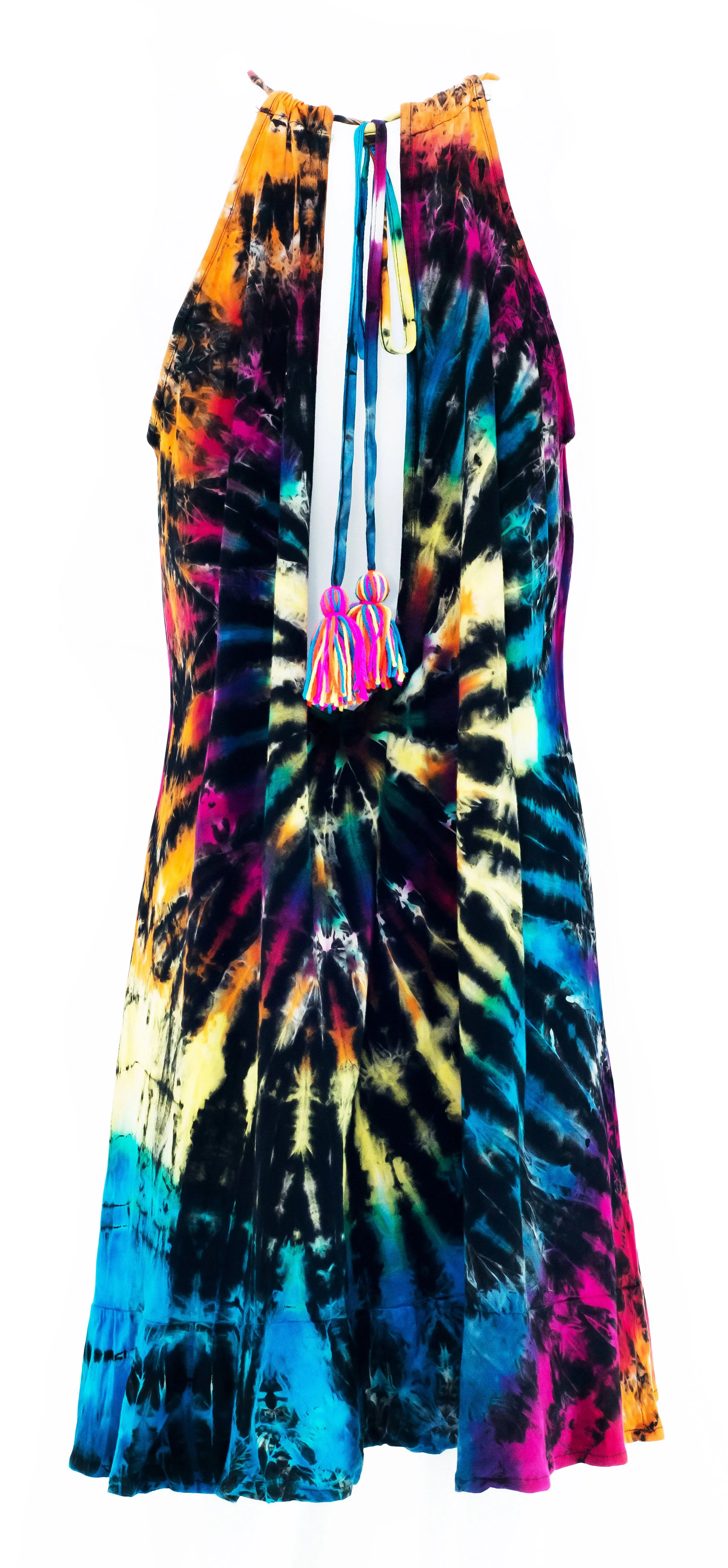 Tie Dye Halter Neck Mini Dress Pom Pom Bow tie details