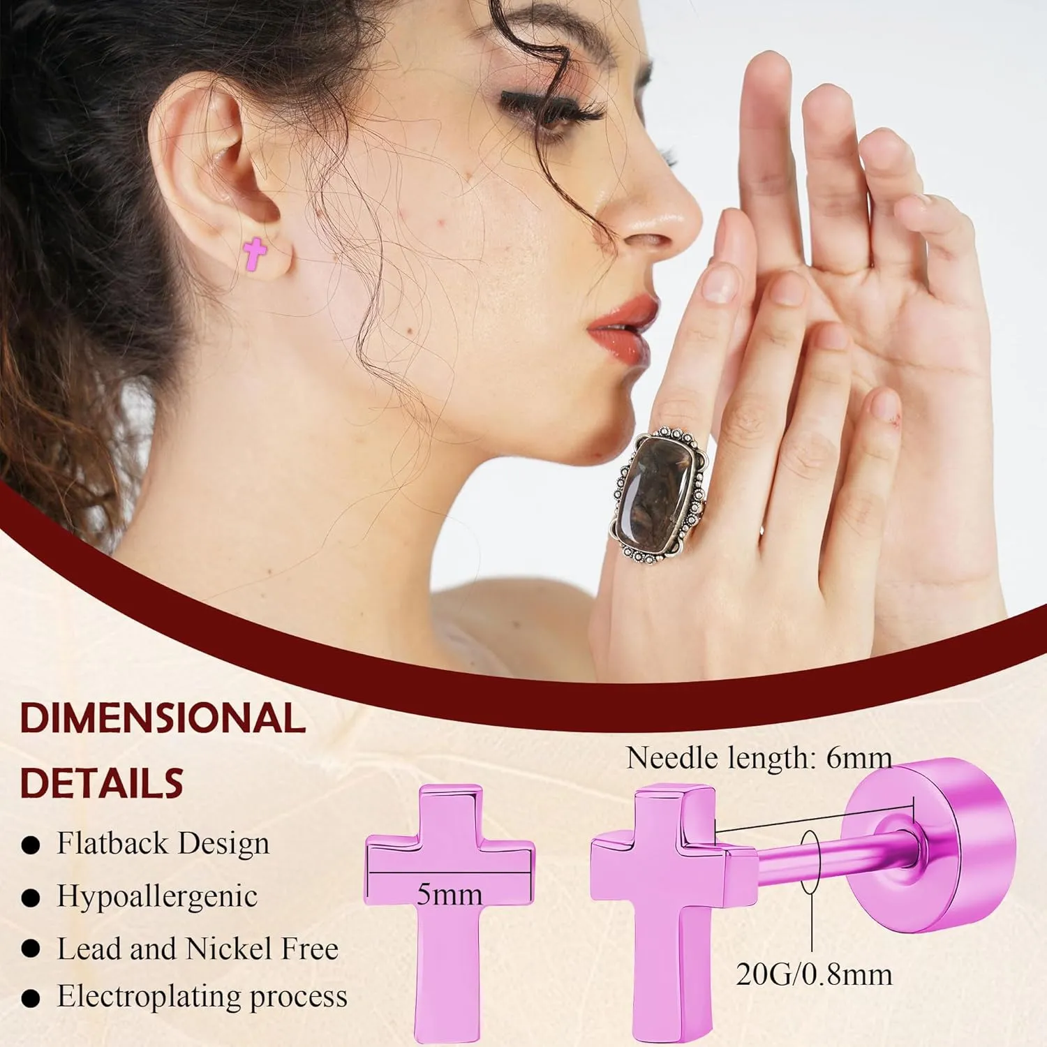 ZDE Women Earrings Flat Back Cross Earrings Small Religious Faith Earrings Titanium Hypoallergenic Cartilage Earrings Studs for Sensitive Ears Screw On Stud Earring