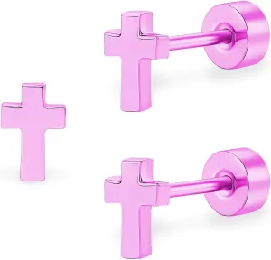 ZDE Women Earrings Flat Back Cross Earrings Small Religious Faith Earrings Titanium Hypoallergenic Cartilage Earrings Studs for Sensitive Ears Screw On Stud Earring